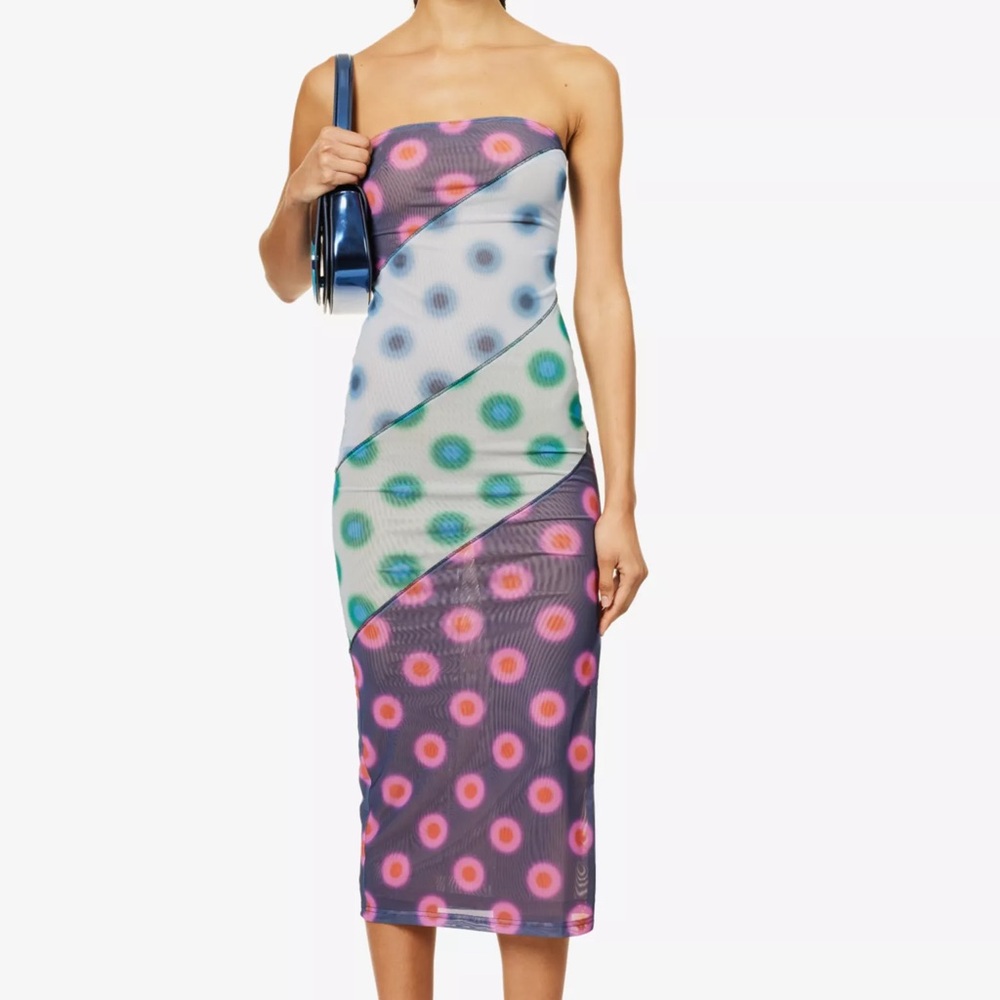Miaou Dress Lila Strapless Polka Dot‎ Patchwork 90s Midi Sz S